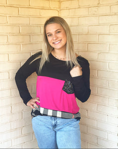 Pink & Plaid Color Block Top