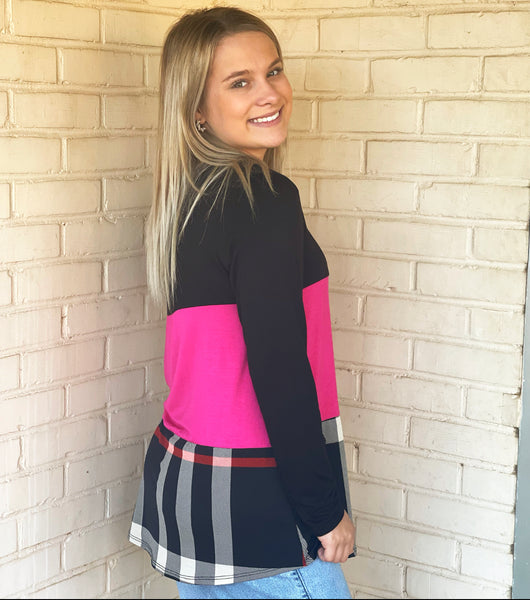 Pink & Plaid Color Block Top