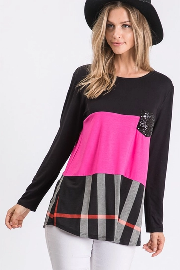 Pink & Plaid Color Block Top