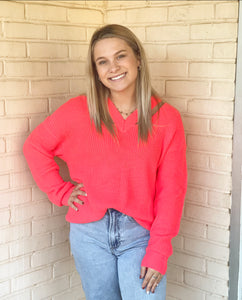 V-Cut Neon Coral Sweater